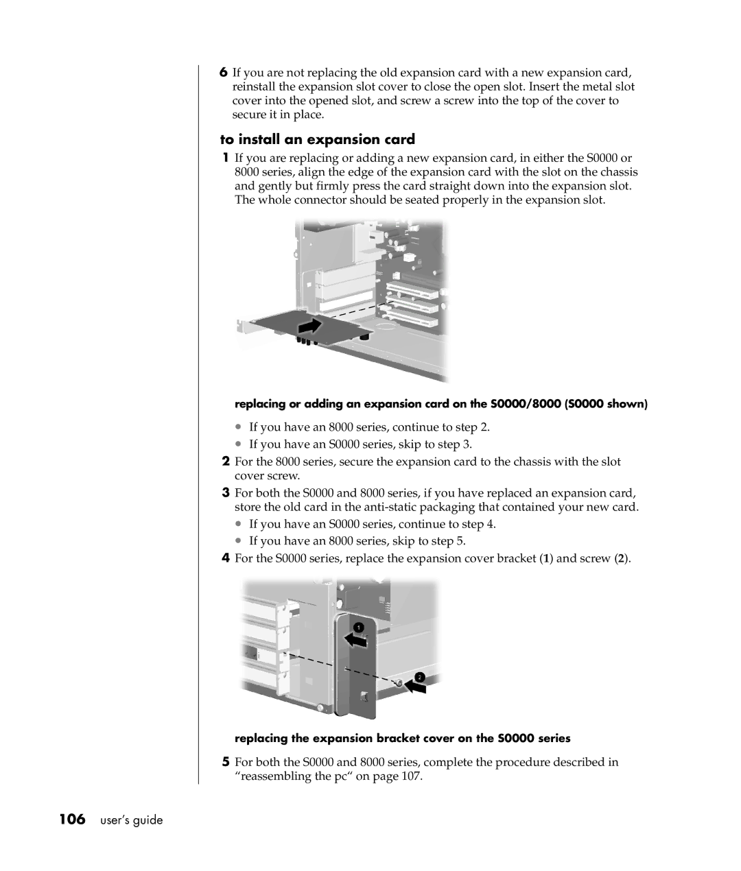 Compaq S0000 Series manual To install an expansion card, Replacing the expansion bracket cover on the S0000 series 