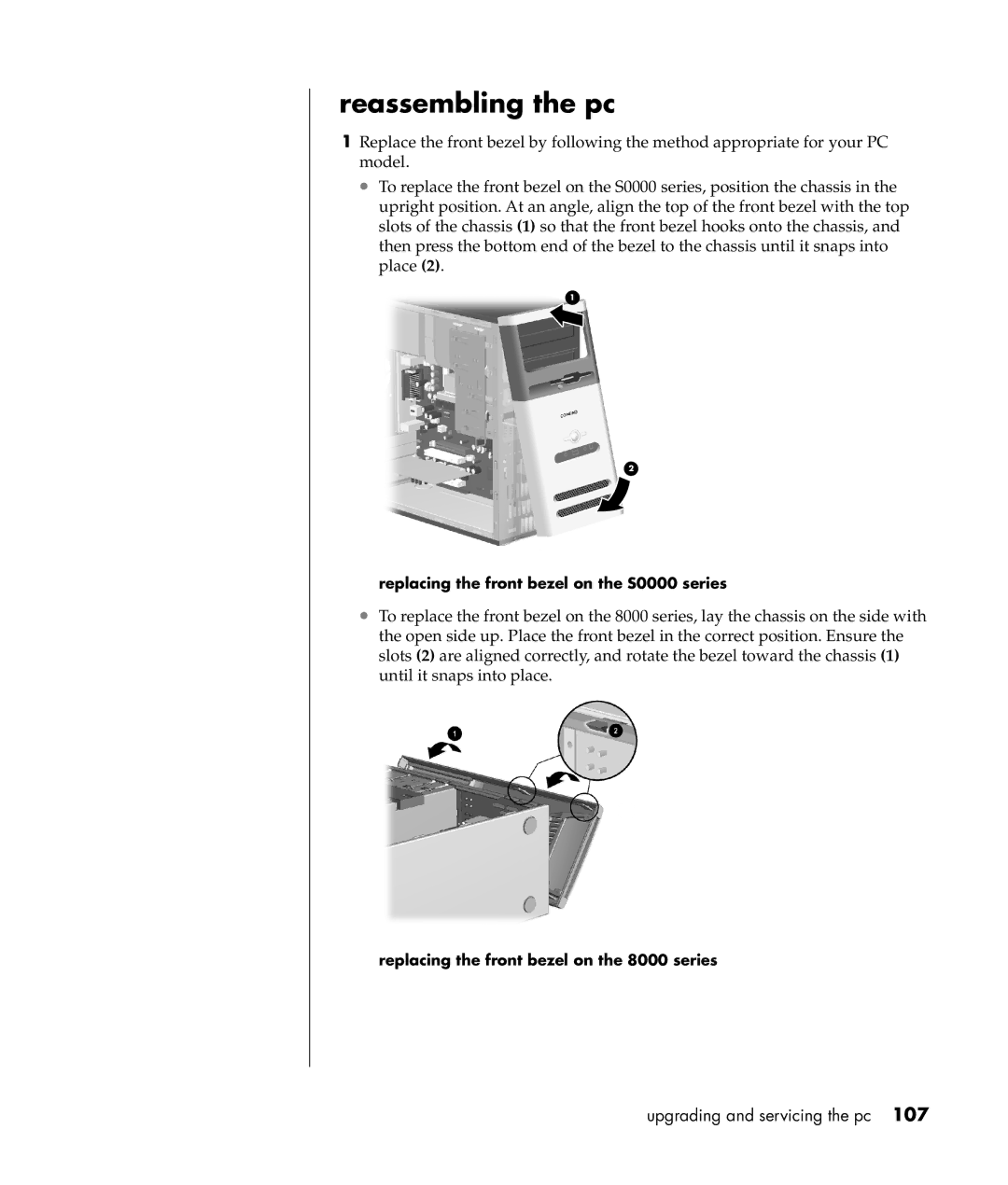 Compaq S0000 Series manual Reassembling the pc, Replacing the front bezel on the S0000 series 