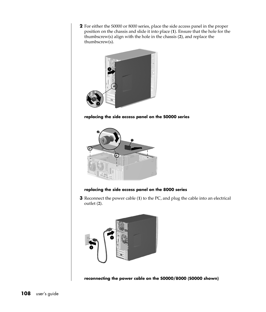 Compaq S0000 Series manual Reconnecting the power cable on the S0000/8000 S0000 shown 