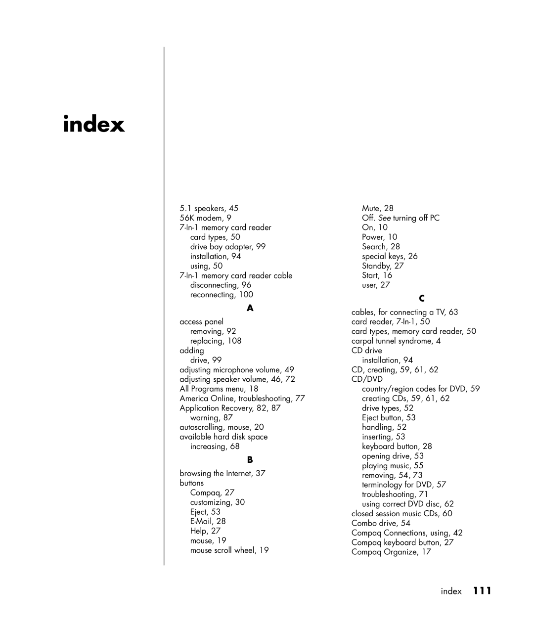 Compaq S0000 Series manual Index, Cd/Dvd 