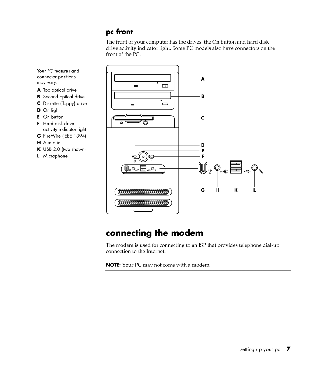 Compaq S0000 Series manual Connecting the modem, Pc front 