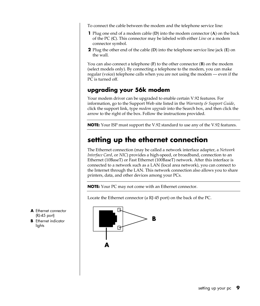 Compaq S0000 Series manual Setting up the ethernet connection, Upgrading your 56k modem 