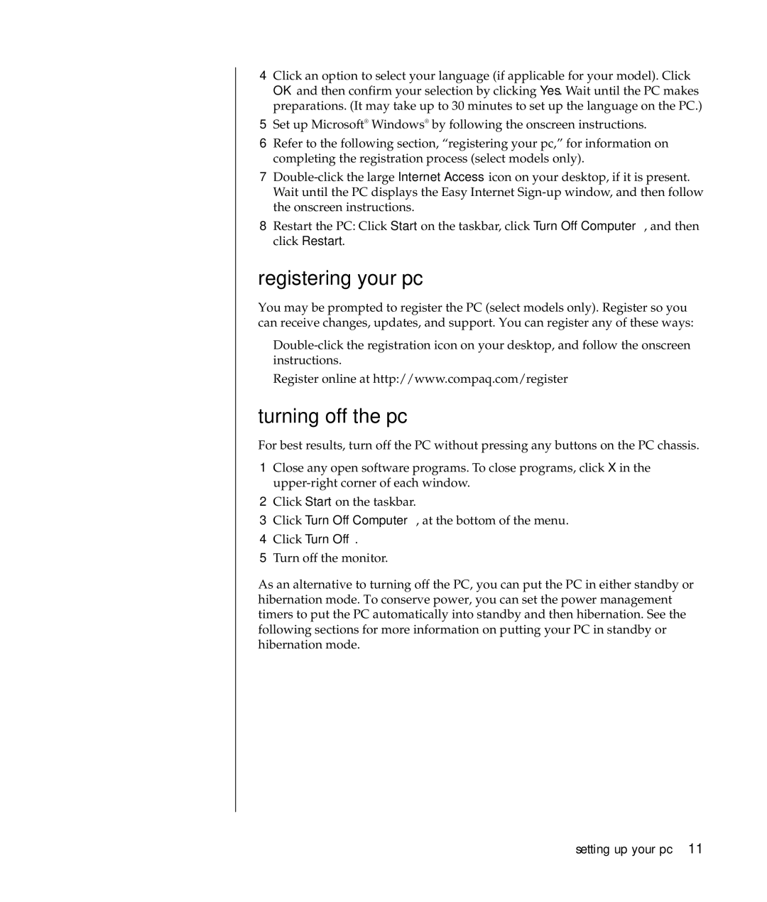 Compaq S0000 Series manual Registering your pc, Turning off the pc 