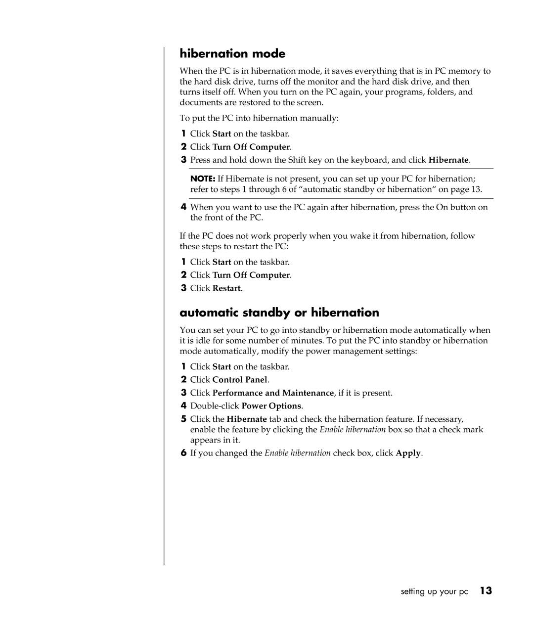 Compaq S0000 Series manual Hibernation mode, Automatic standby or hibernation 