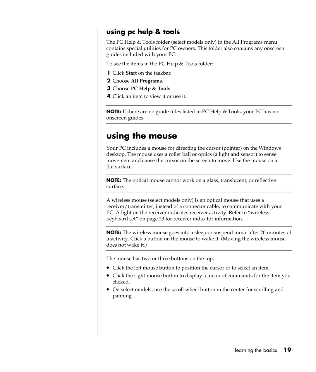 Compaq S0000 Series manual Using the mouse, Using pc help & tools 