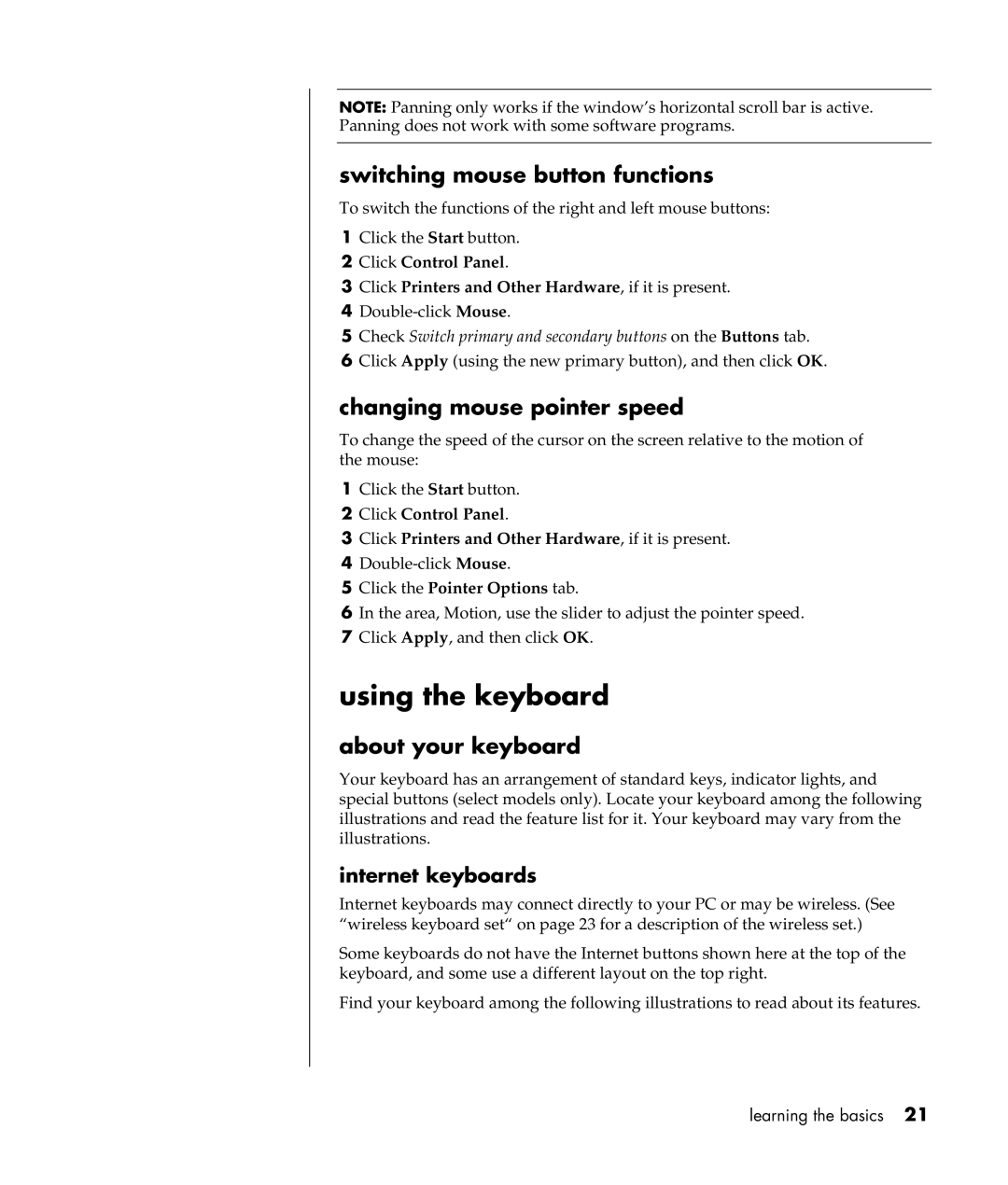 Compaq S0000 Series Using the keyboard, Switching mouse button functions, Changing mouse pointer speed, Internet keyboards 