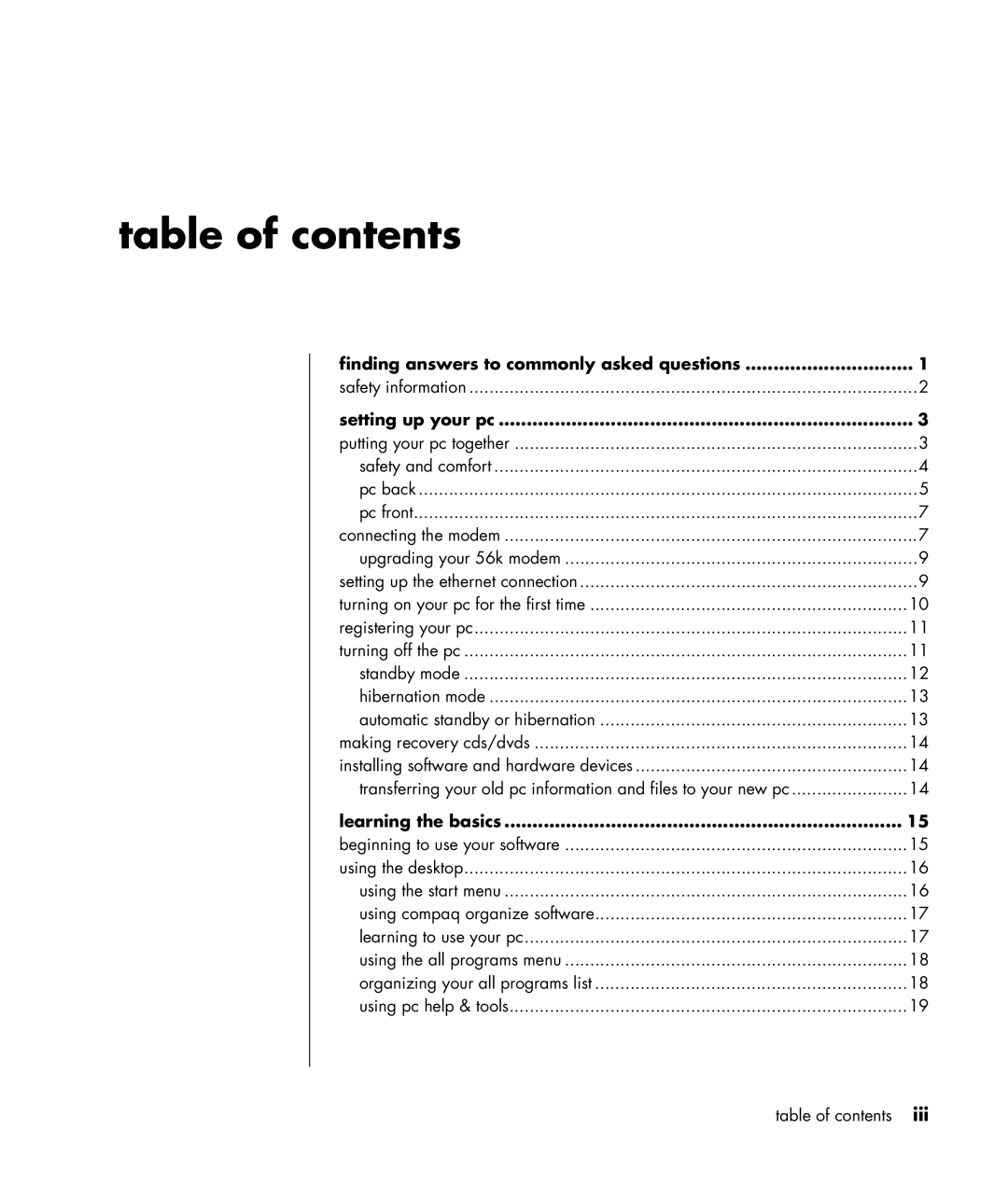 Compaq S0000 Series manual Table of contents 