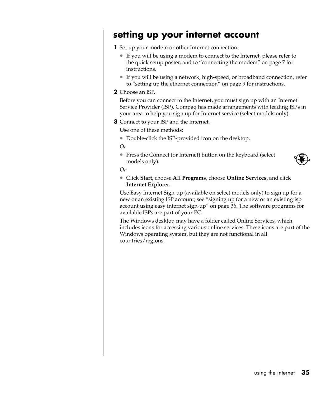 Compaq S0000 Series manual Setting up your internet account 