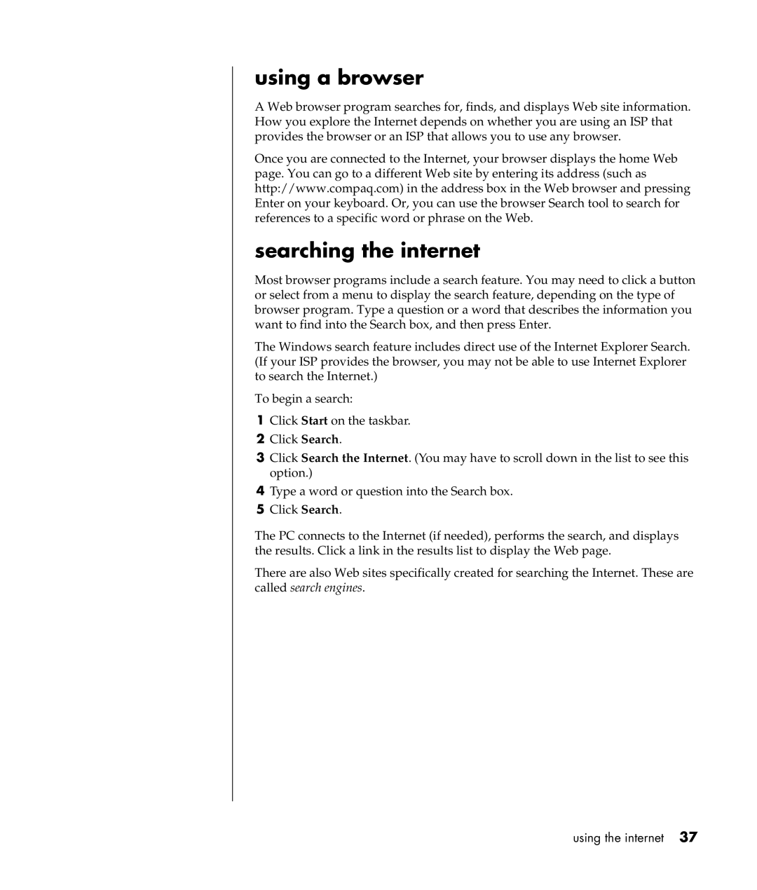 Compaq S0000 Series manual Using a browser, Searching the internet 