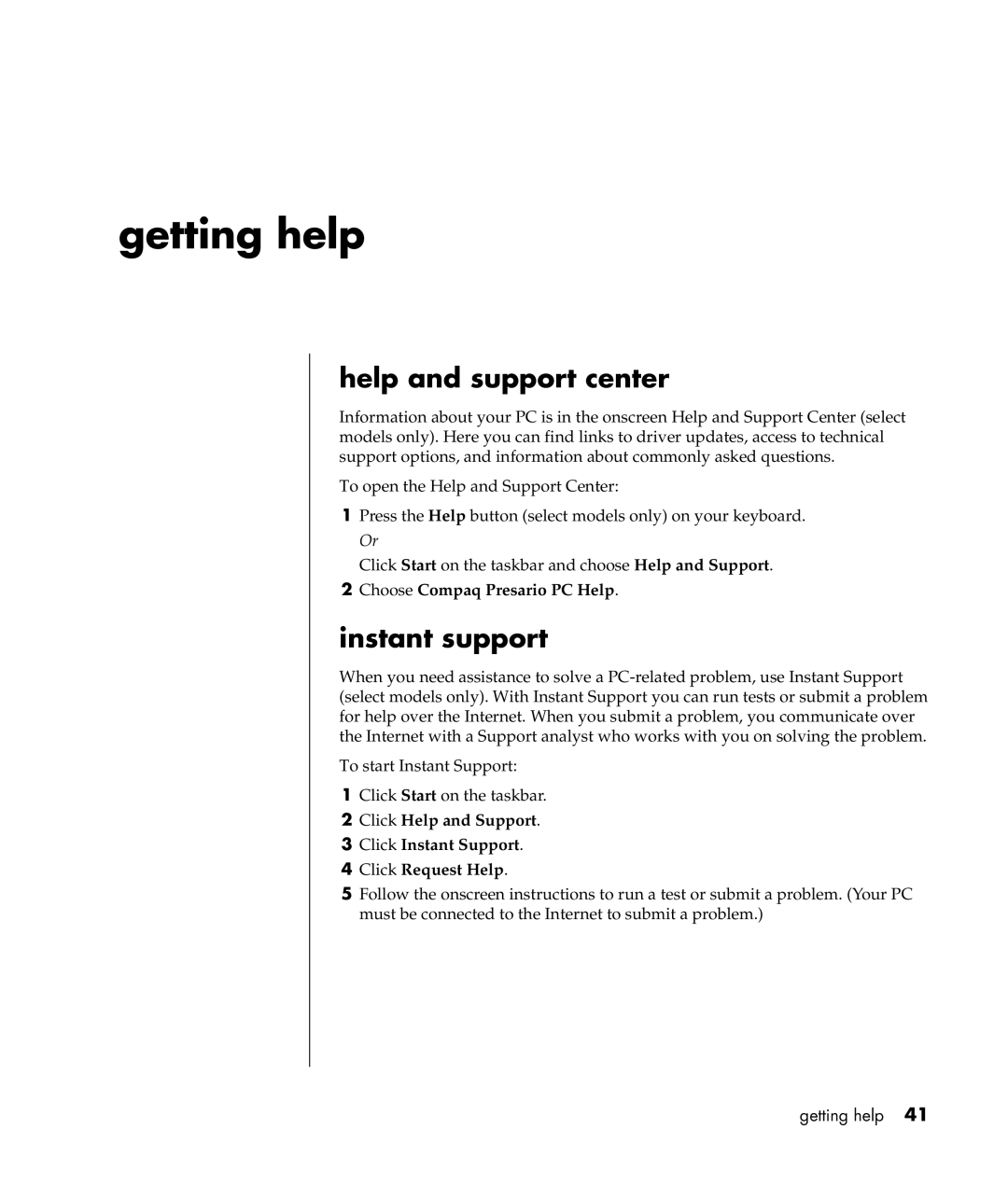 Compaq S0000 Series manual Getting help, Help and support center, Instant support 