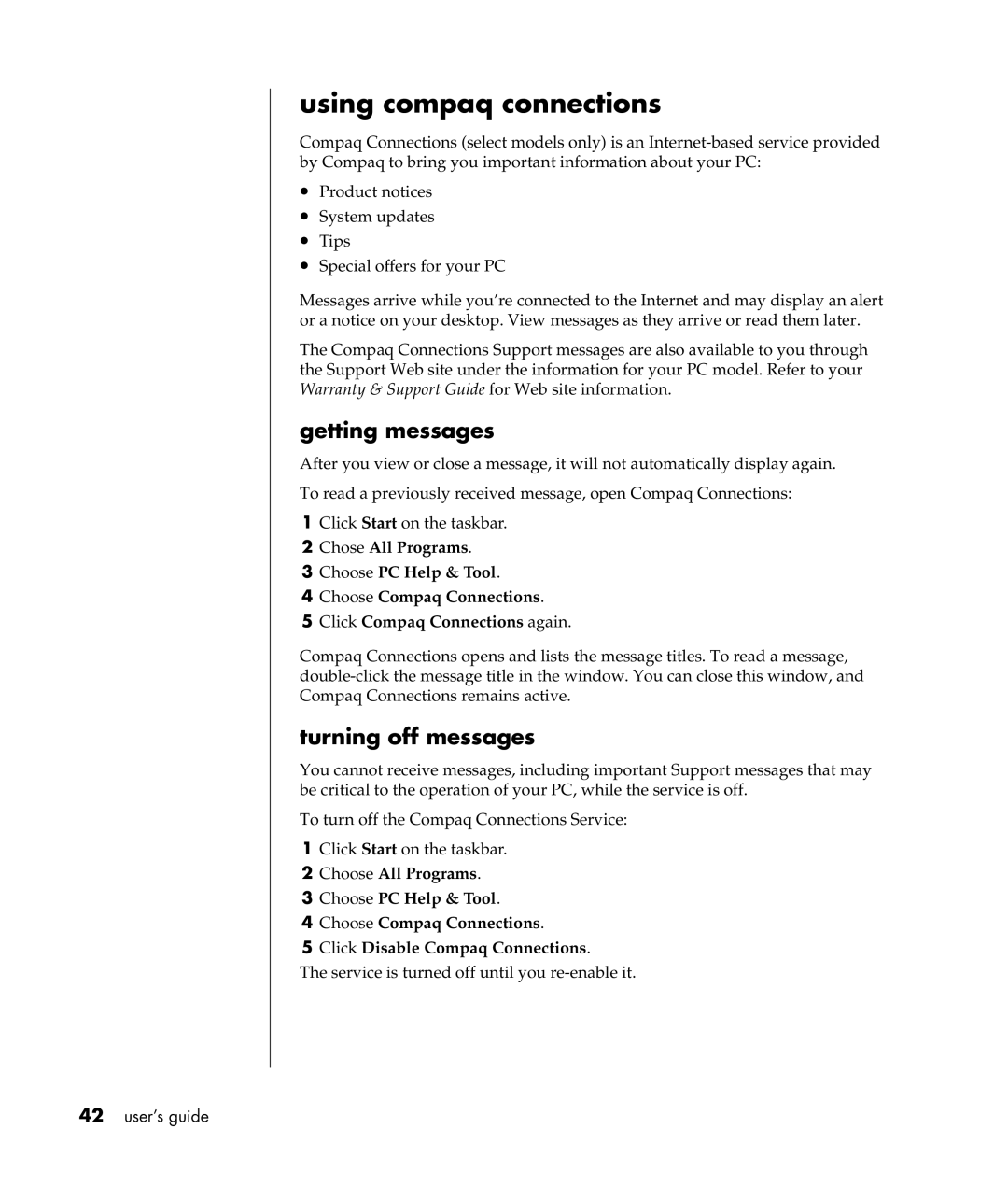 Compaq S0000 Series manual Using compaq connections, Getting messages, Turning off messages 