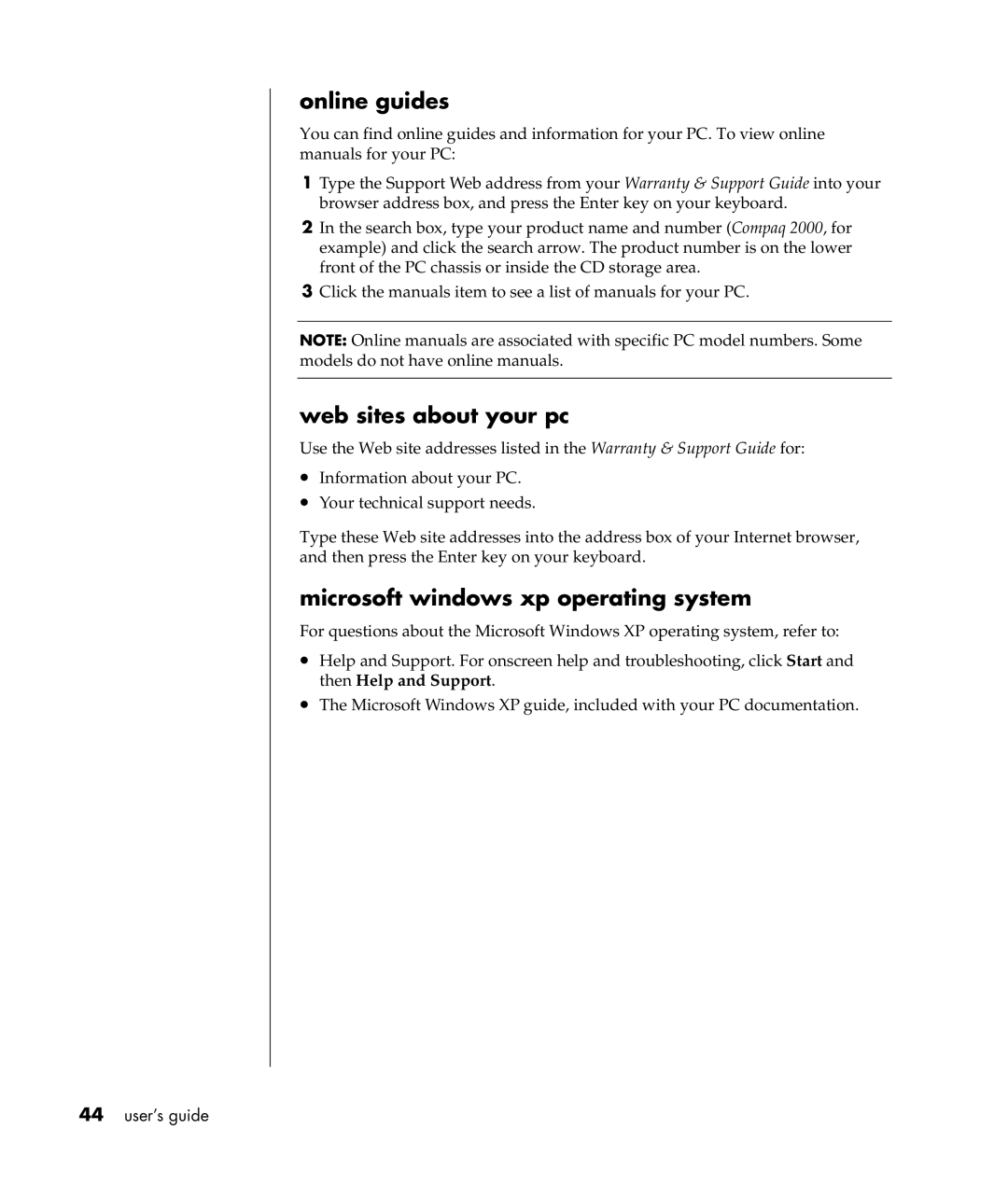 Compaq S0000 Series manual Online guides, Web sites about your pc, Microsoft windows xp operating system 