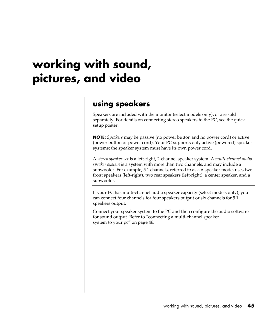 Compaq S0000 Series manual Working with sound, pictures, and video, Using speakers 