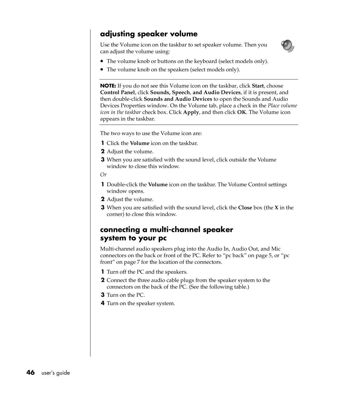 Compaq S0000 Series manual Adjusting speaker volume, Connecting a multi-channel speaker system to your pc 