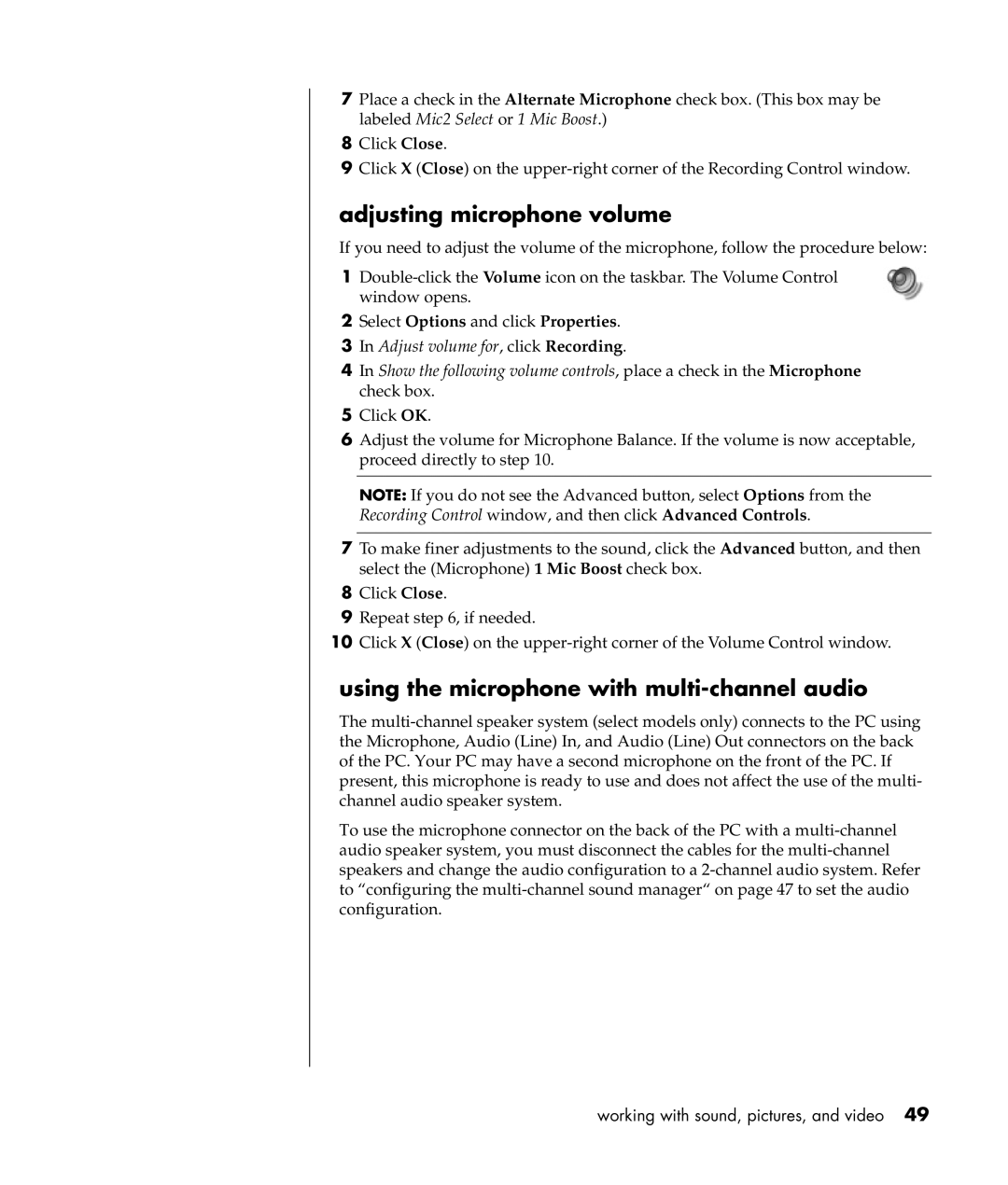 Compaq S0000 Series manual Adjusting microphone volume, Using the microphone with multi-channel audio 