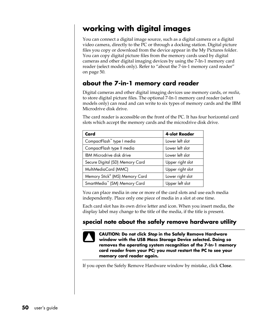 Compaq S0000 Series manual Working with digital images, About the 7-in-1 memory card reader, Card Slot Reader 