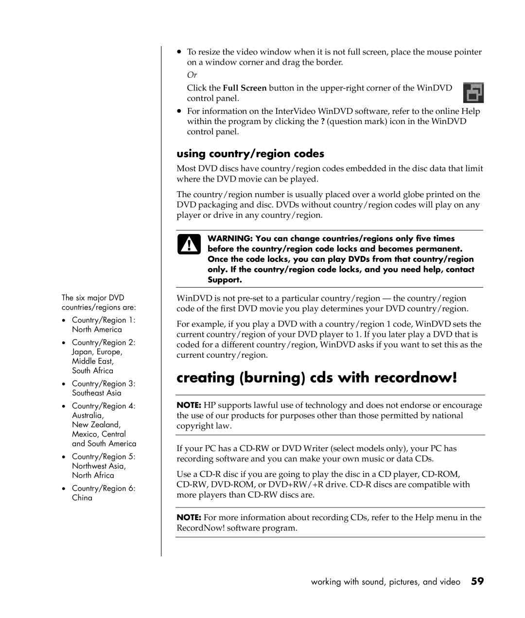 Compaq S0000 Series manual Creating burning cds with recordnow, Using country/region codes 