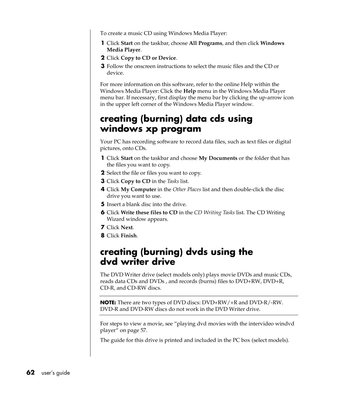 Compaq S0000 Series Creating burning data cds using windows xp program, Creating burning dvds using the dvd writer drive 