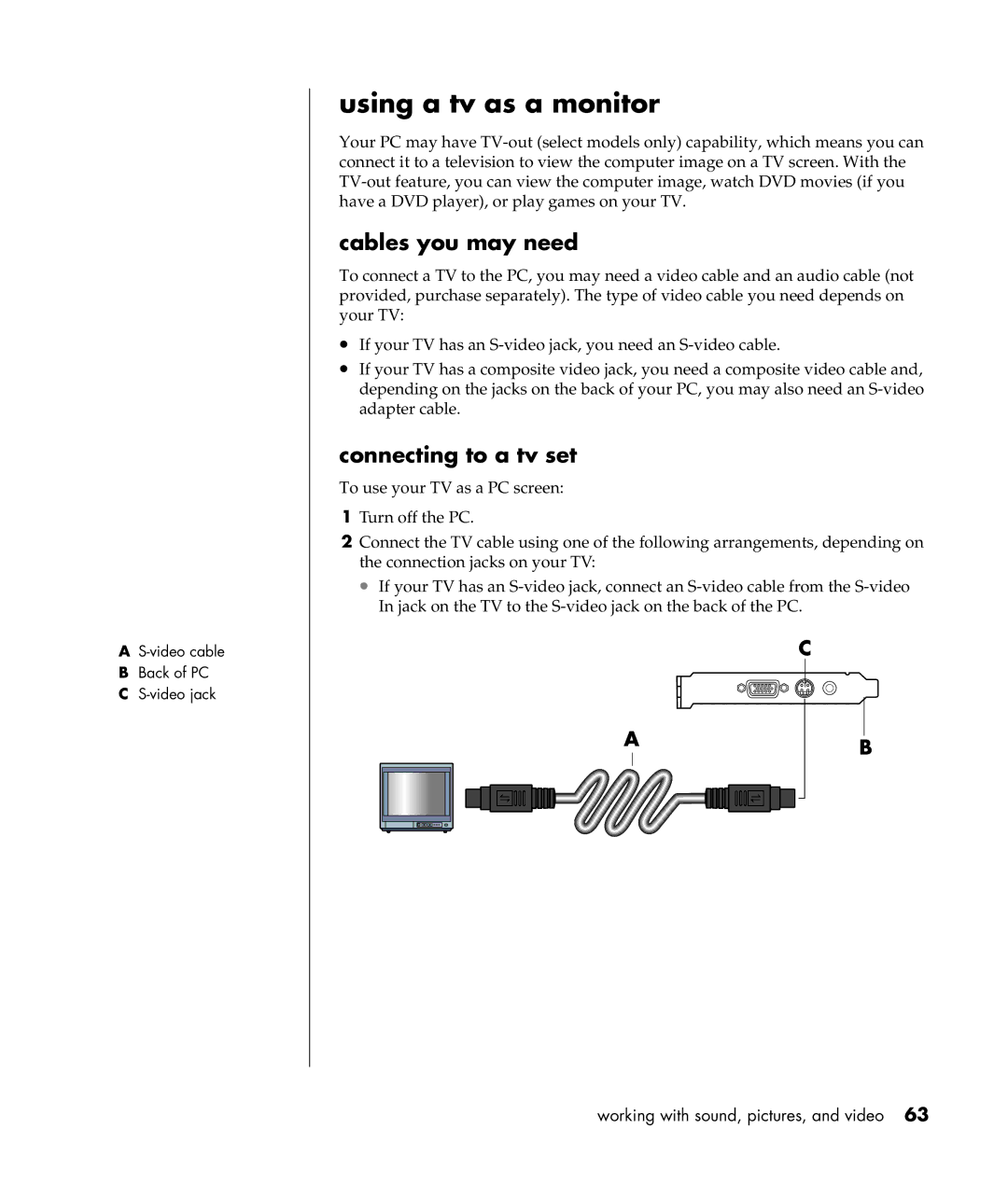 Compaq S0000 Series manual Using a tv as a monitor, Cables you may need, Connecting to a tv set 