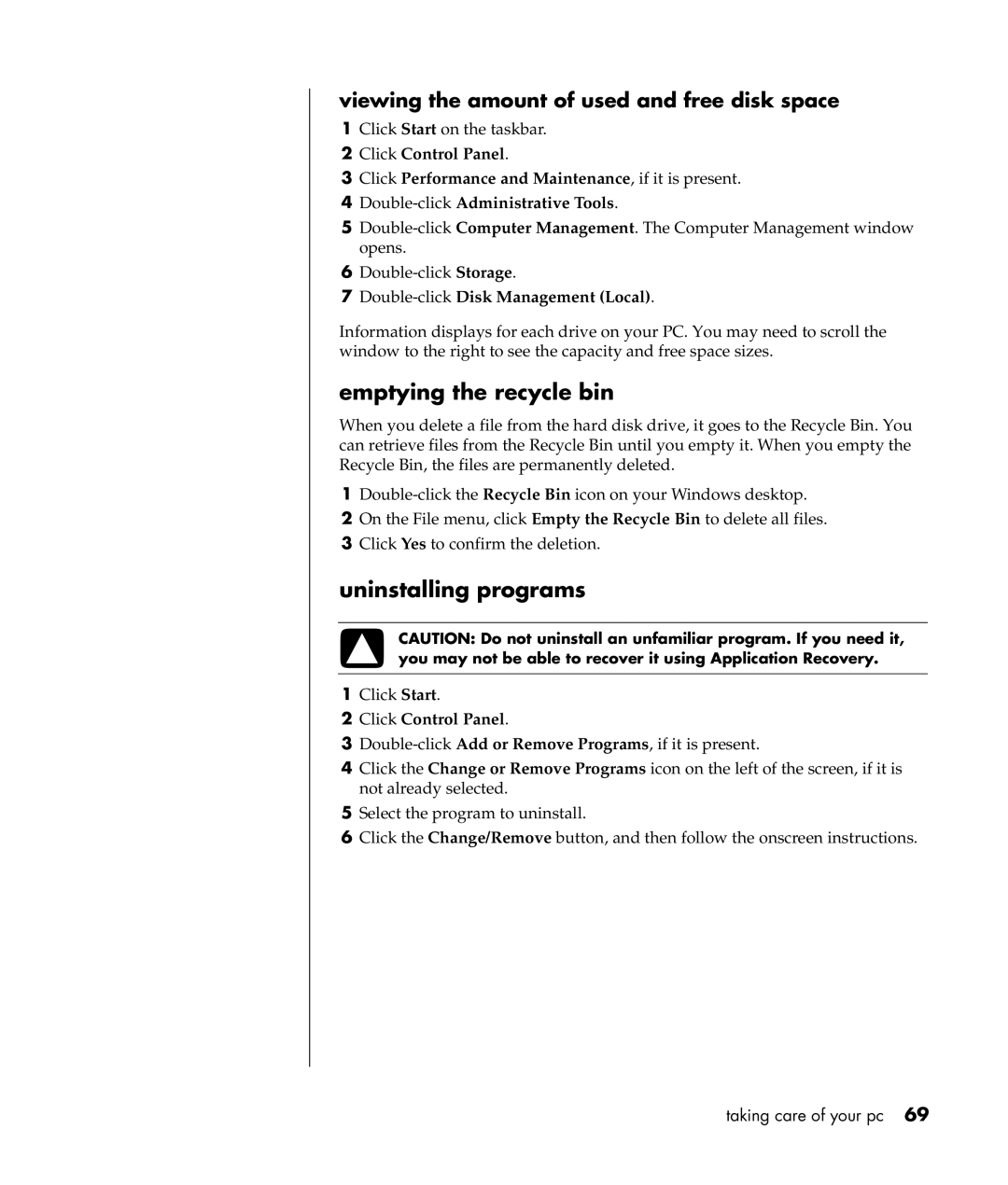 Compaq S0000 Series manual Emptying the recycle bin, Uninstalling programs, Viewing the amount of used and free disk space 