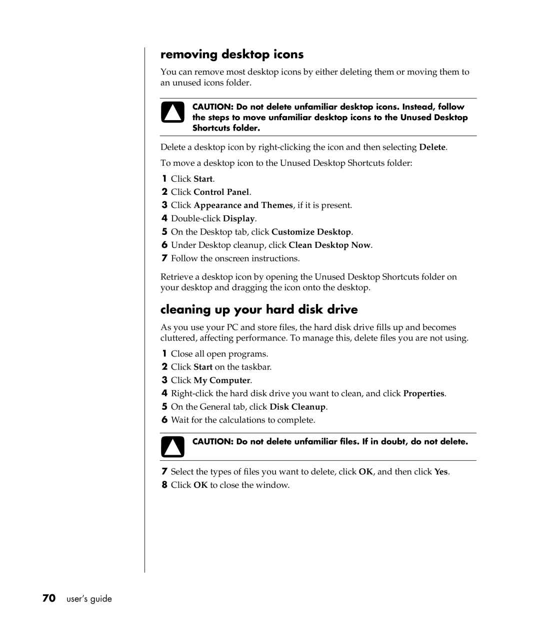 Compaq S0000 Series manual Removing desktop icons, Cleaning up your hard disk drive 