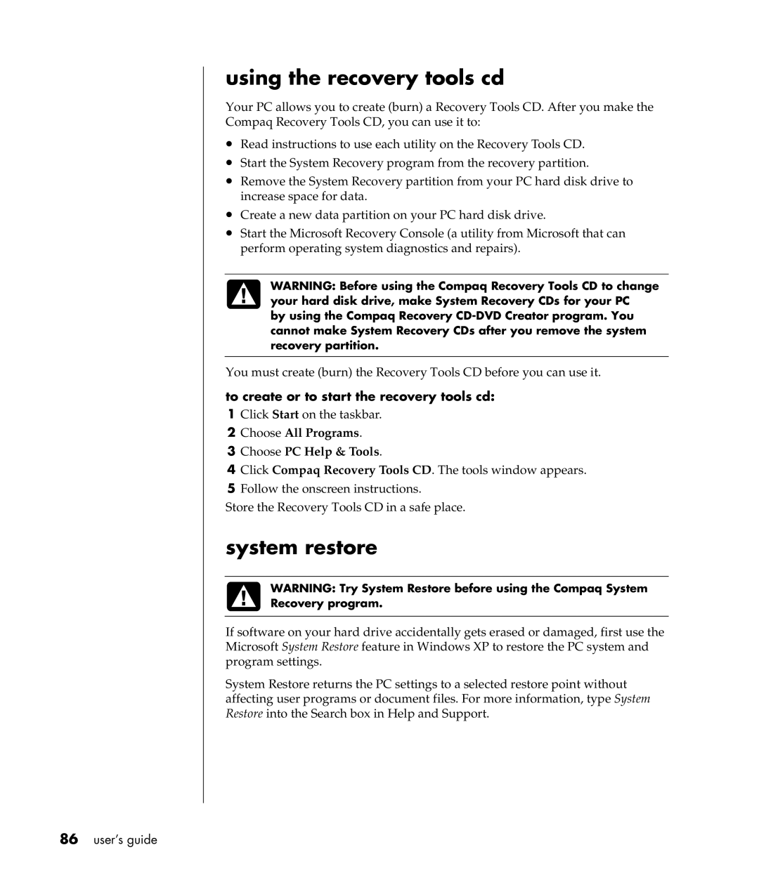 Compaq S0000 Series manual Using the recovery tools cd, System restore, Recovery program 