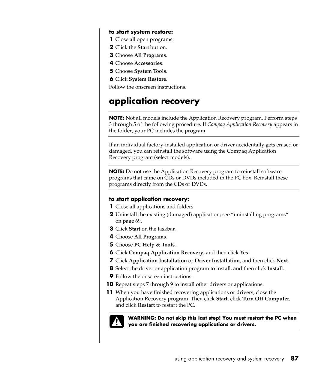 Compaq S0000 Series manual Application recovery, To start system restore 