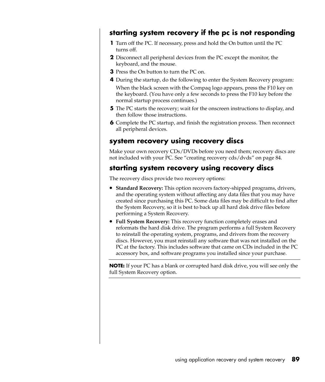 Compaq S0000 Series manual Starting system recovery if the pc is not responding, System recovery using recovery discs 