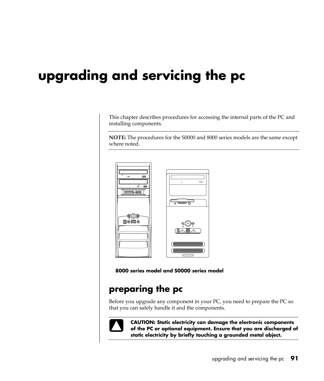 Compaq S0000 Series manual Upgrading and servicing the pc, Preparing the pc, Series model and S0000 series model 