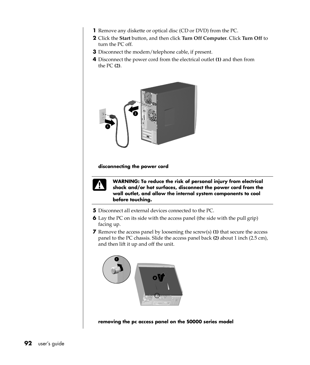 Compaq S0000 Series manual Disconnecting the power cord, Removing the pc access panel on the S0000 series model 