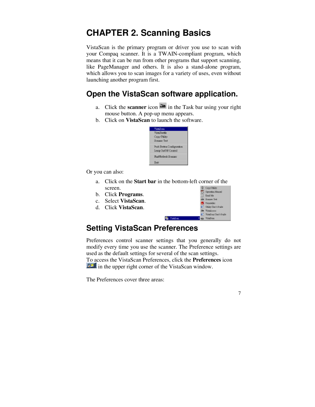 Compaq S4 100 manual Open the VistaScan software application, Setting VistaScan Preferences 