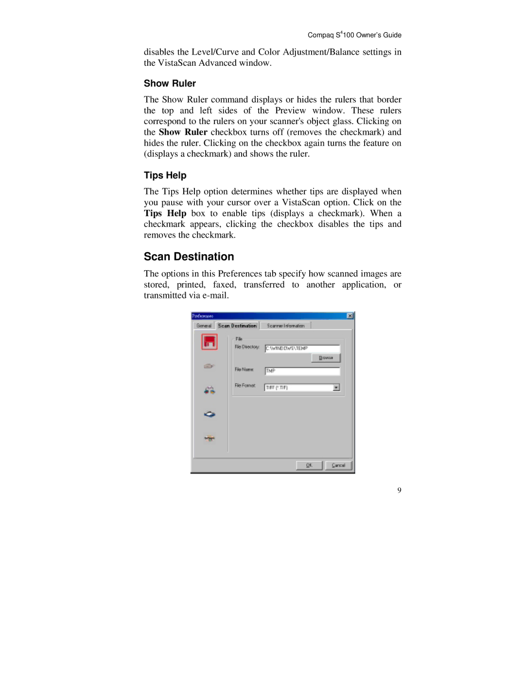 Compaq S4 100 manual Scan Destination, Show Ruler, Tips Help 