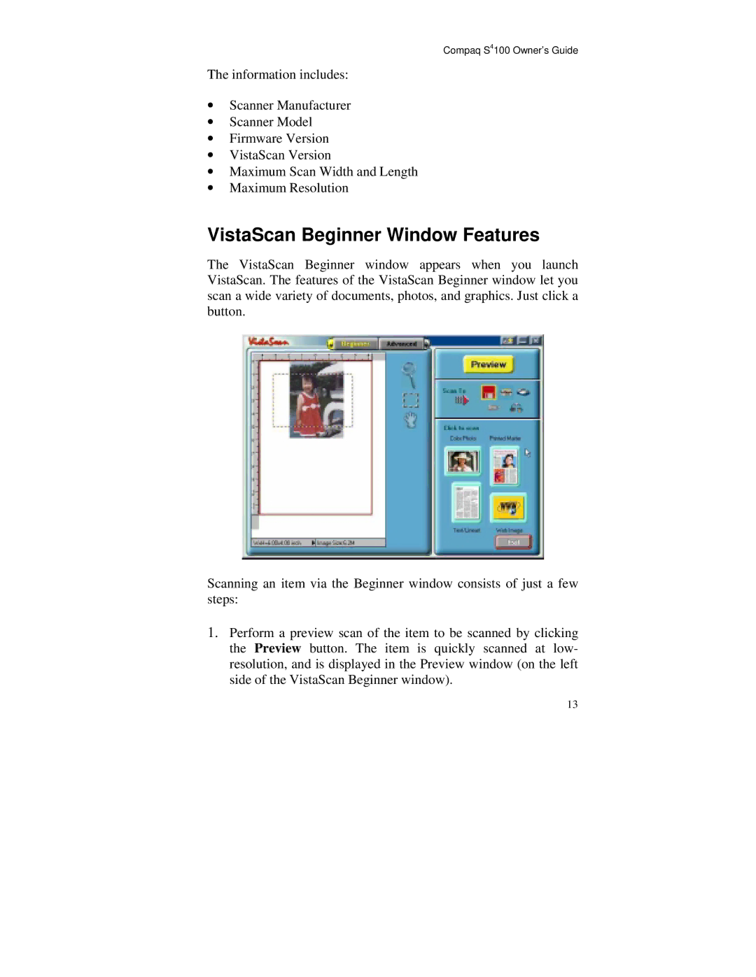 Compaq S4 100 manual VistaScan Beginner Window Features 