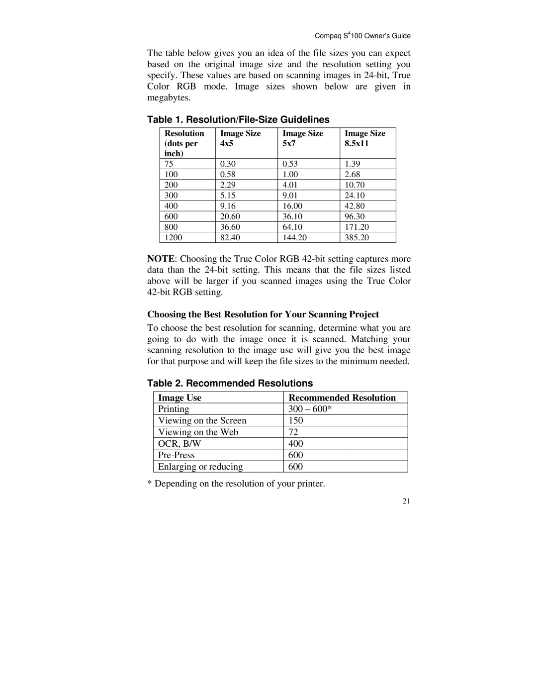 Compaq S4 100 manual Resolution/File-Size Guidelines, Choosing the Best Resolution for Your Scanning Project 