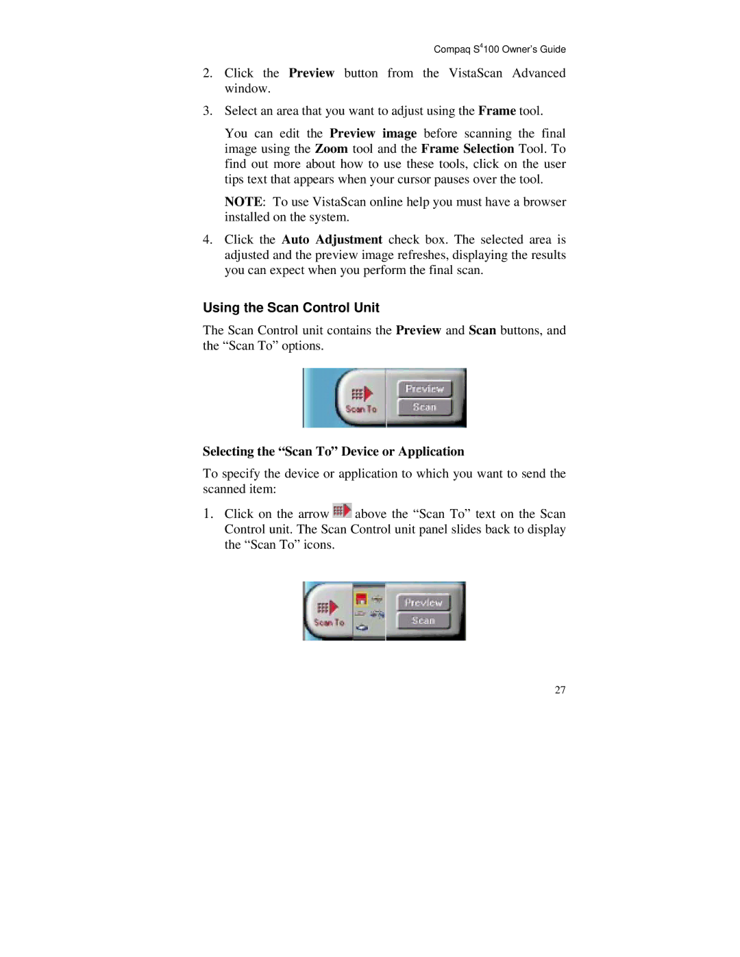 Compaq S4 100 manual Using the Scan Control Unit, Selecting the Scan To Device or Application 