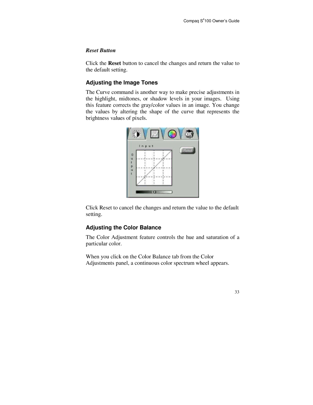 Compaq S4 100 manual Adjusting the Image Tones, Adjusting the Color Balance 