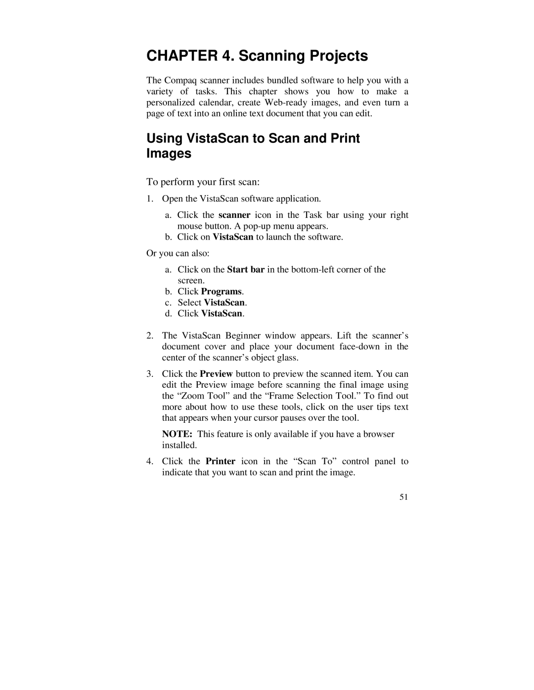 Compaq S4 100 manual Scanning Projects, Using VistaScan to Scan and Print Images 