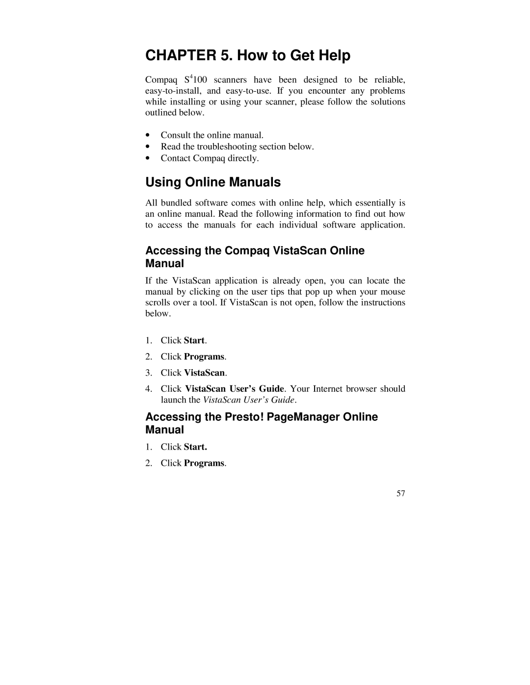Compaq S4 100 manual Using Online Manuals, Accessing the Compaq VistaScan Online Manual, Click Programs Click VistaScan 