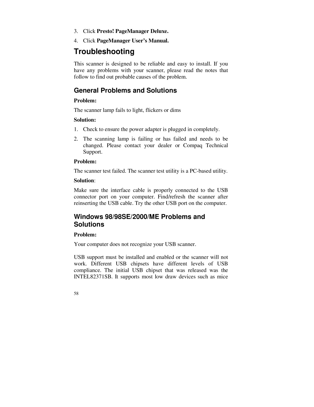 Compaq S4 100 manual Troubleshooting, General Problems and Solutions, Windows 98/98SE/2000/ME Problems and Solutions 