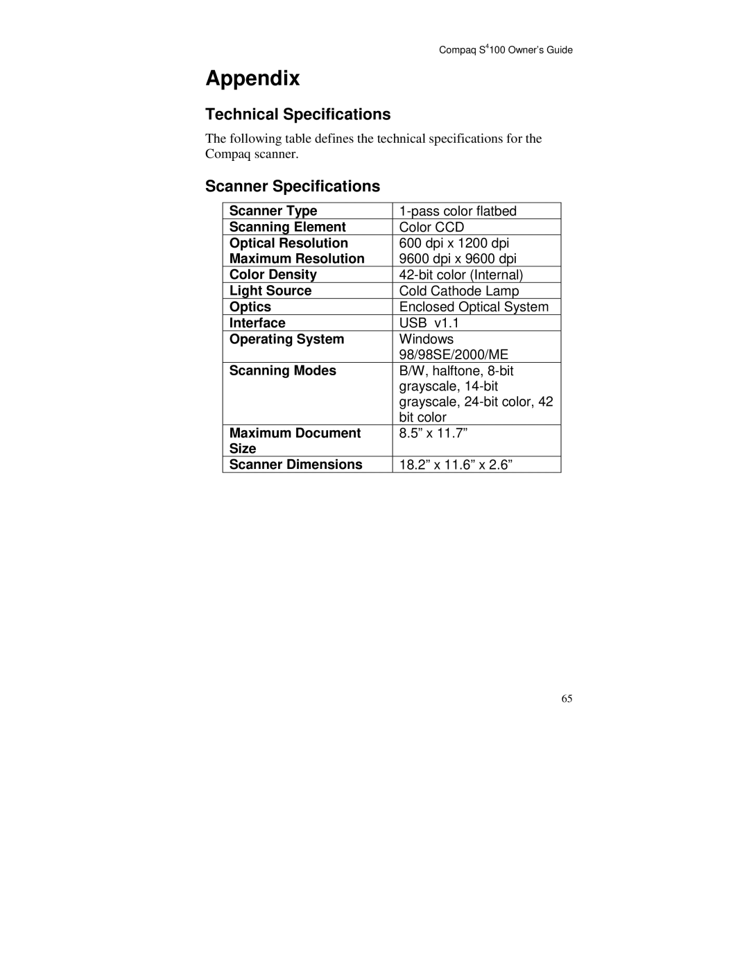 Compaq S4 100 manual Technical Specifications, Scanner Specifications 