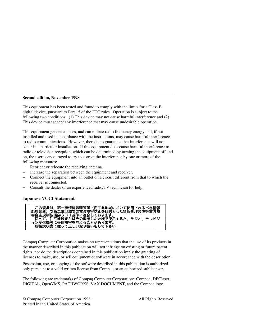 Compaq S5 manual Japanese Vcci Statement, Second edition, November 