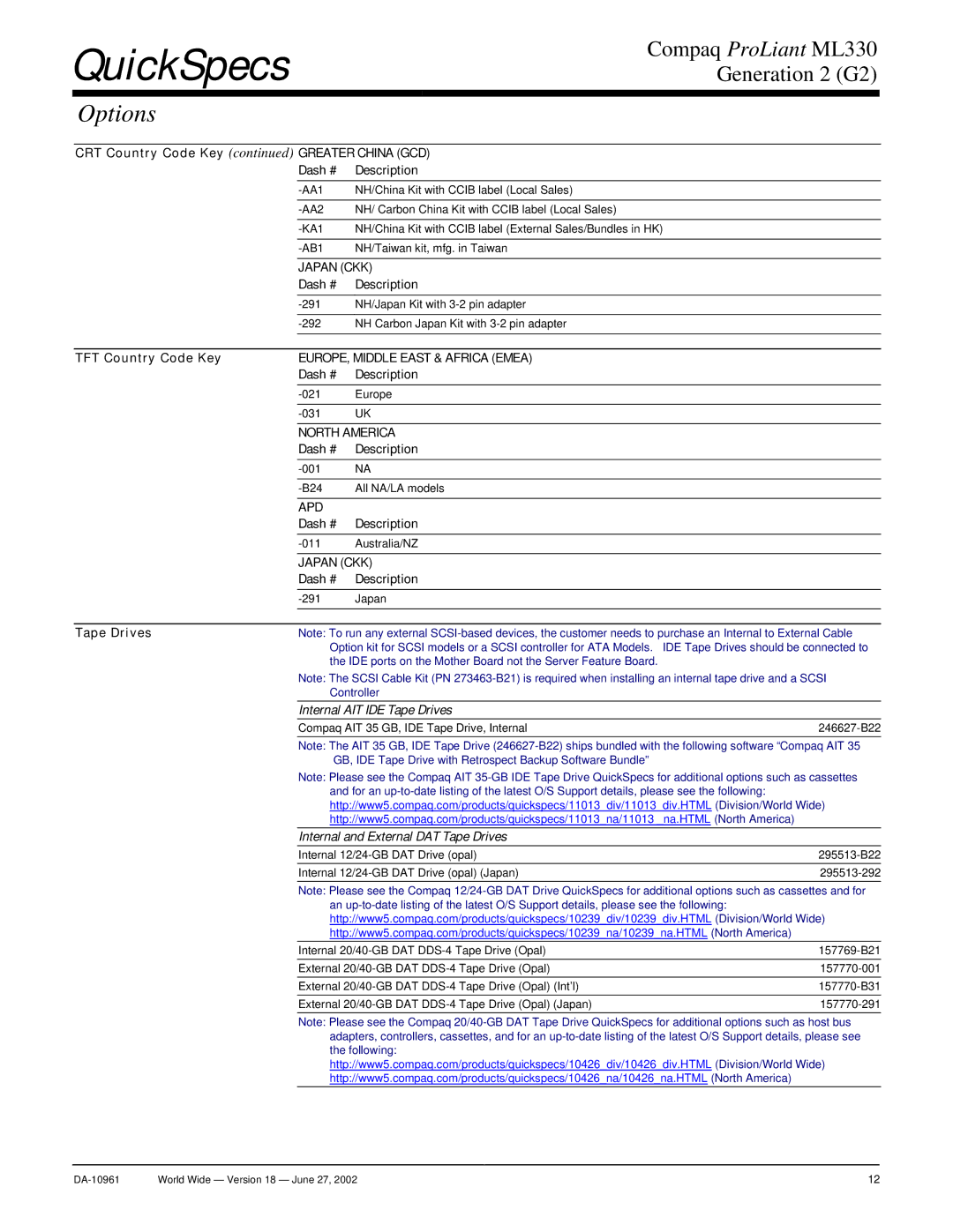 Compaq SCSI warranty CRT Country Code Key Greater China GCD, TFT Country Code Key, Internal AIT IDE Tape Drives 