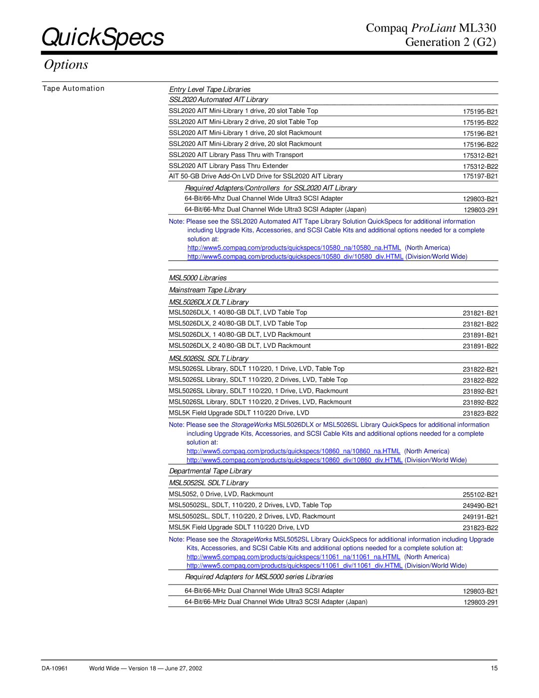 Compaq SCSI warranty Entry Level Tape Libraries SSL2020 Automated AIT Library, MSL5026SL Sdlt Library 