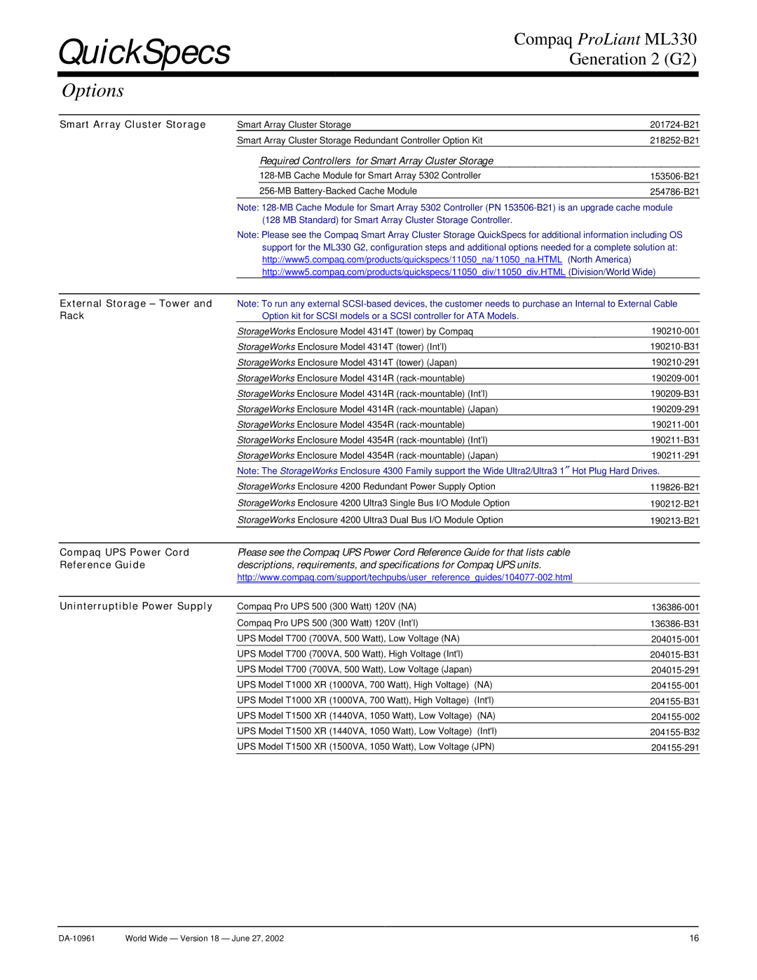 Compaq SCSI warranty Required Controllers for Smart Array Cluster Storage 