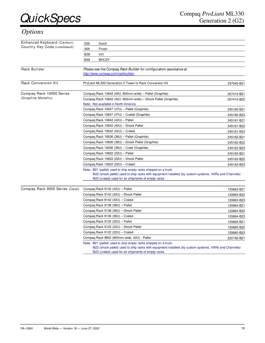 Compaq SCSI warranty Enhanced Keyboard Carbon, Rack Builder, Rack Conversion Kit, Compaq Rack 10000 Series 