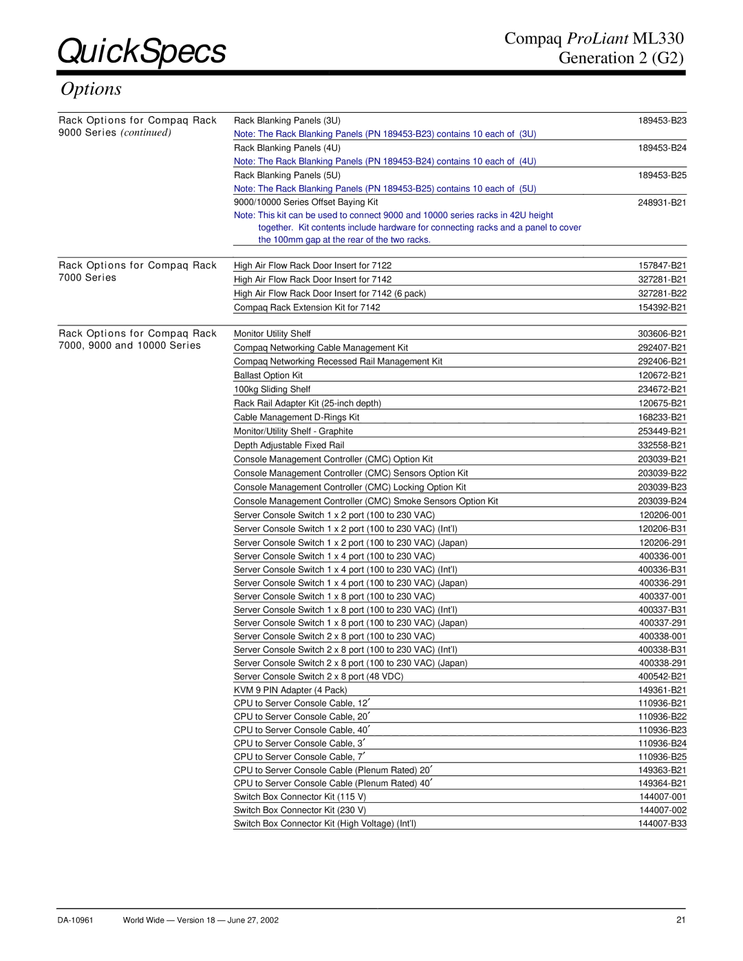 Compaq SCSI warranty Rack Options for Compaq Rack, 7000, 9000 and 10000 Series 