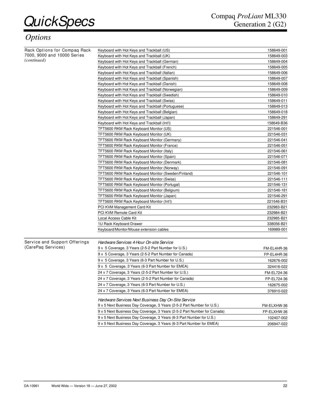 Compaq SCSI Rack Options for Compaq Rack 7000, 9000 and 10000 Series, Service and Support Offerings CarePaq Services 