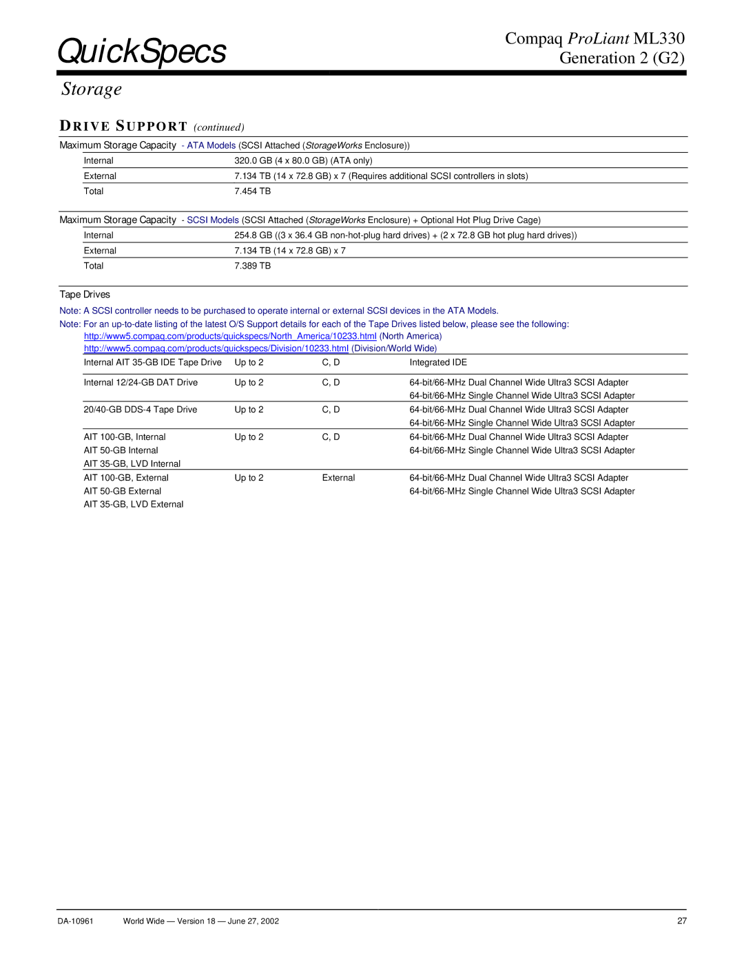 Compaq SCSI warranty Drive Support 