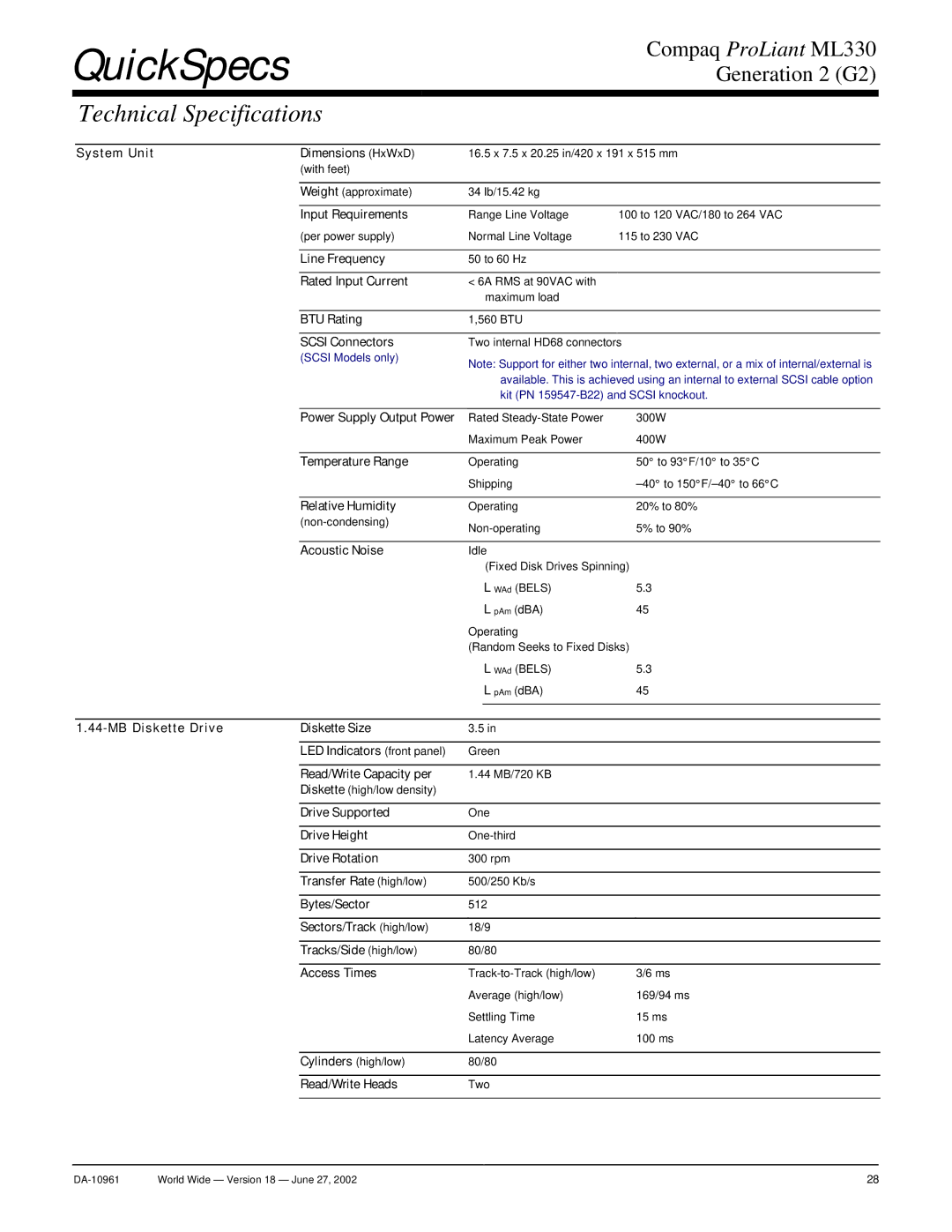 Compaq SCSI warranty Technical Specifications 