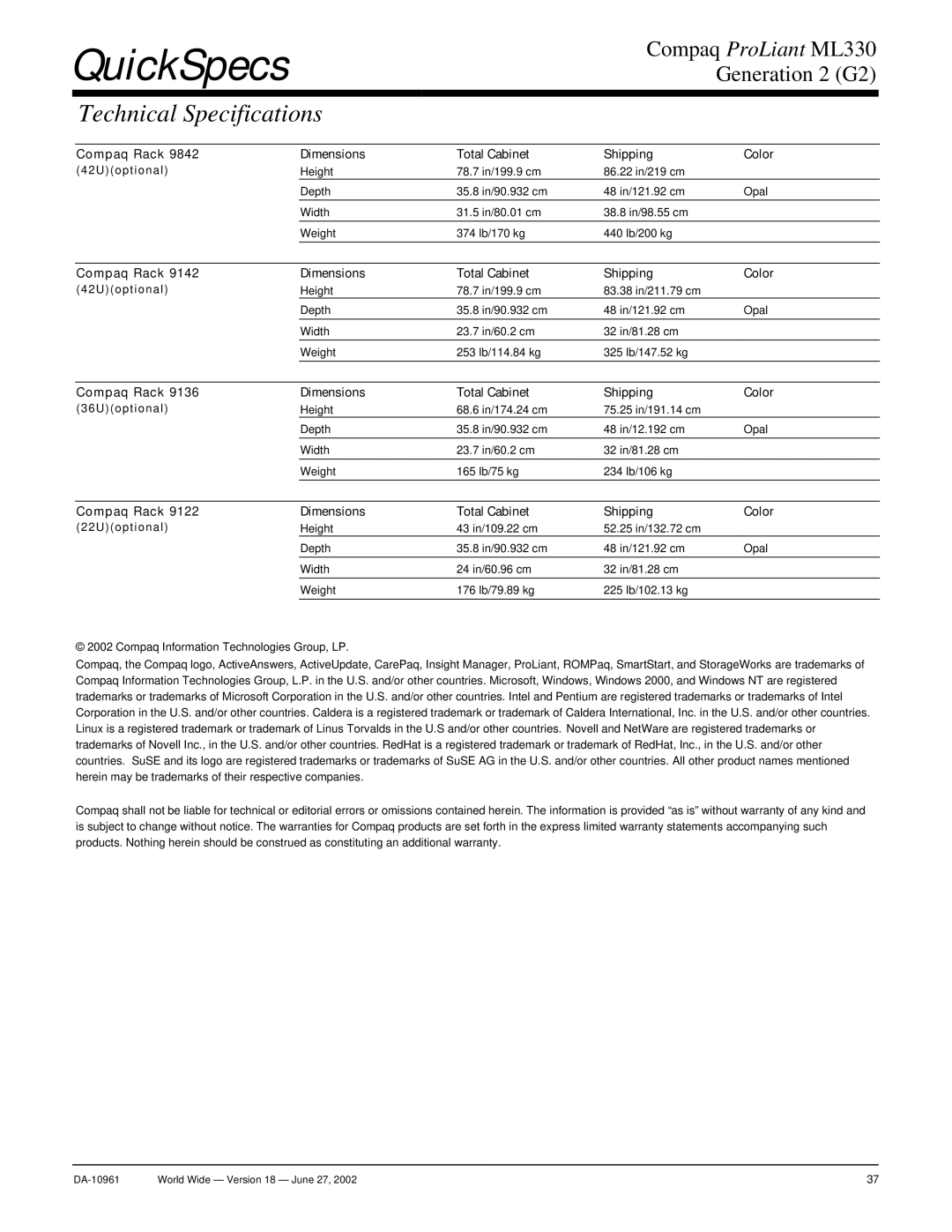 Compaq SCSI warranty QuickSpecs 